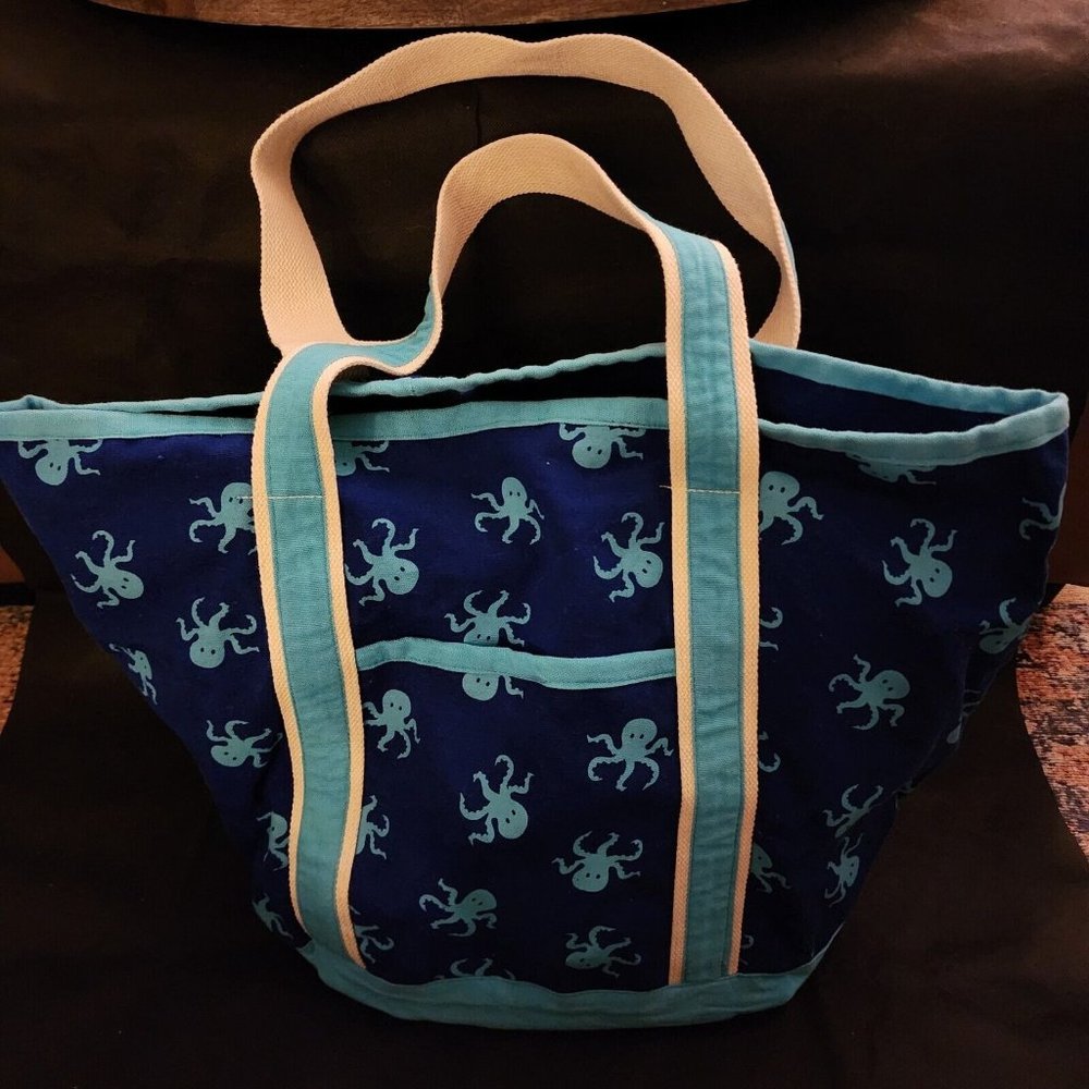 Nantucket Blue Canvas Beach Tote Bag Nautical Theme Octopus Pattern